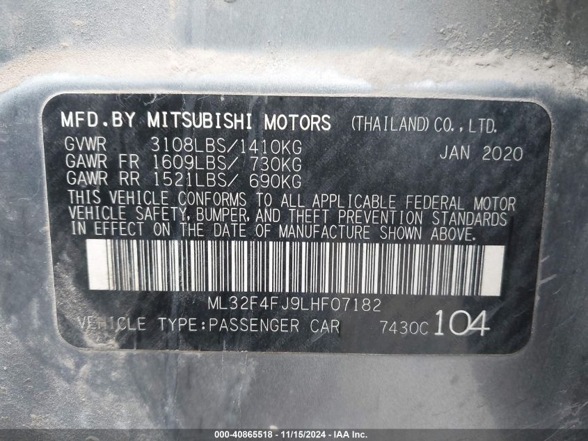 2020 Mitsubishi Mirage G4 Le VIN: ML32F4FJ9LHF07182 Lot: 40865518