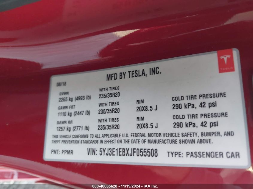 2018 TESLA MODEL 3 LONG RANGE/PERFORMANCE - 5YJ3E1EBXJF055508