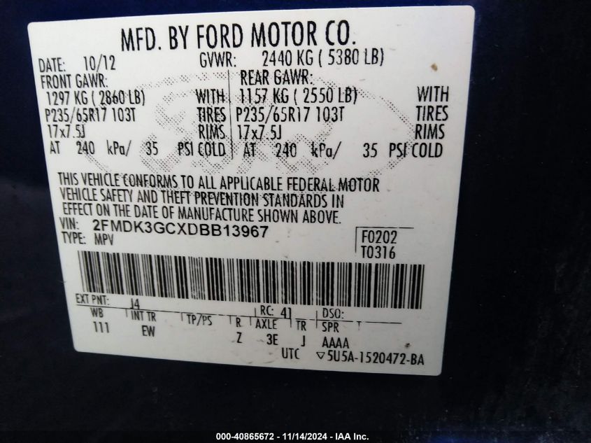 VIN 2FMDK3GCXDBB13967 2013 Ford Edge, SE no.9