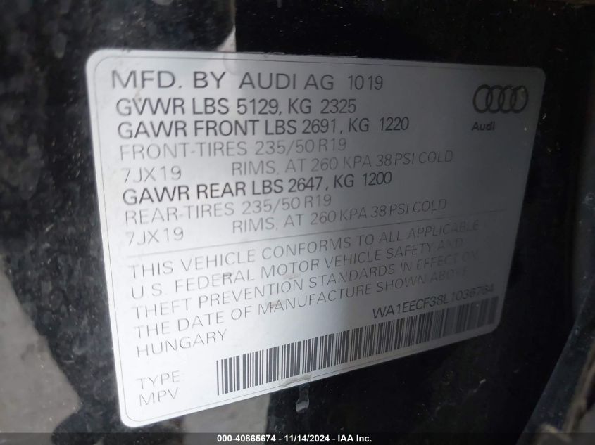 2020 Audi Q3 Premium Plus 45 Tfsi S Line Quattro Tiptronic VIN: WA1EECF38L1036764 Lot: 40865674