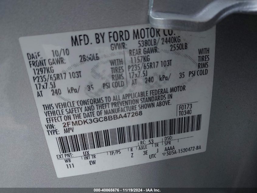 2011 Ford Edge Se VIN: 2FMDK3GC8BBA47268 Lot: 40865676