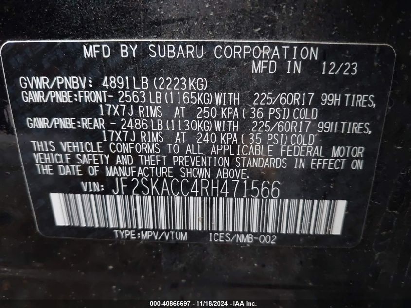 2024 Subaru Forester Premium VIN: JF2SKACC4RH471566 Lot: 40865697