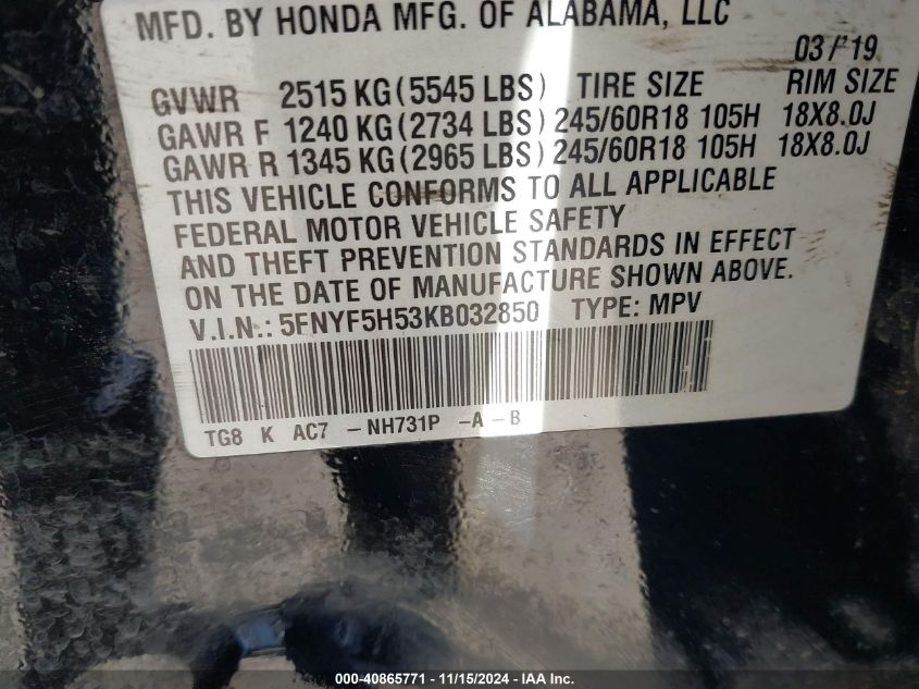 VIN 5FNYF5H53KB032850 2019 Honda Pilot, Ex-L no.9