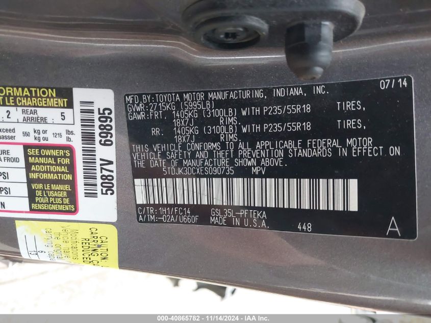 VIN 5TDJK3DCXES090735 2014 Toyota Sienna, Le 7 Pass... no.9