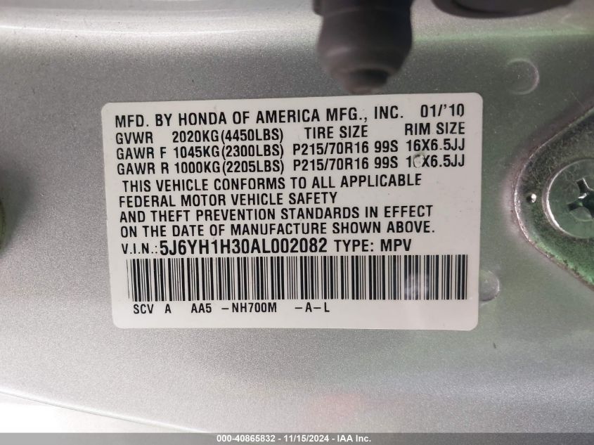 2010 Honda Element Lx VIN: 5J6YH1H30AL002082 Lot: 40865832