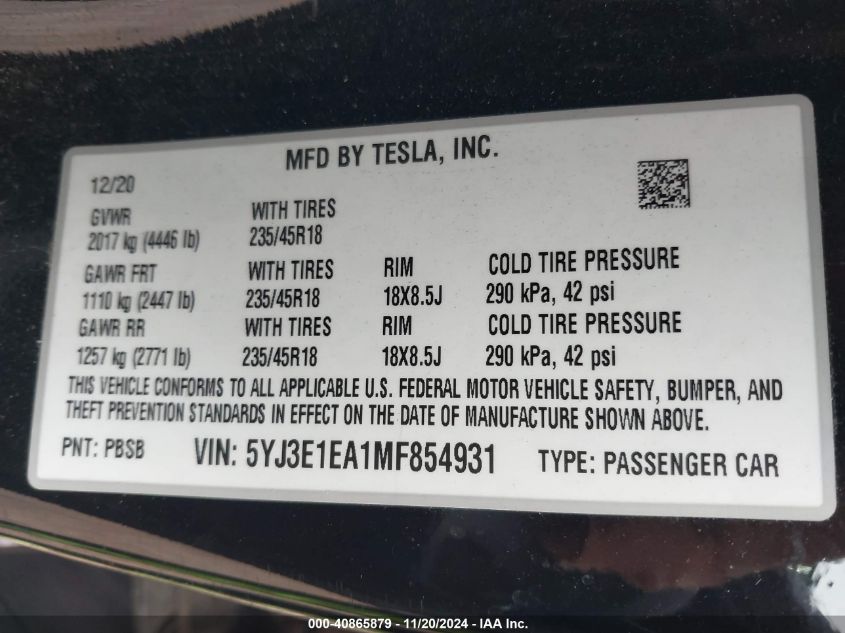 2021 TESLA MODEL 3 STANDARD RANGE PLUS REAR-WHEEL DRIVE - 5YJ3E1EA1MF854931