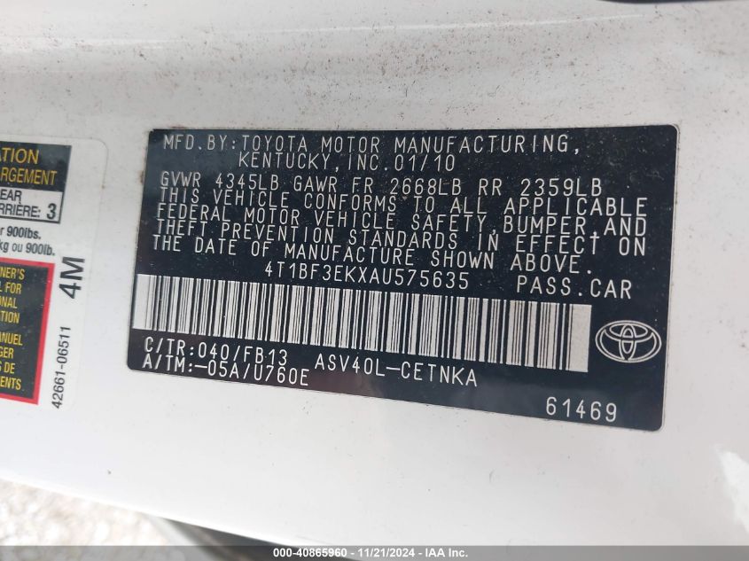 2010 TOYOTA CAMRY VIN: 4T1BF3EKXAU575635