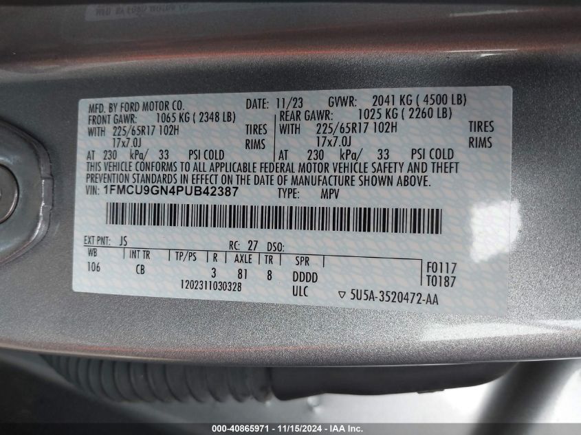 2023 Ford Escape Active VIN: 1FMCU9GN4PUB42387 Lot: 40865971