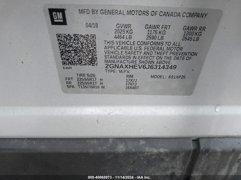 2018 CHEVROLET EQUINOX VIN: 2GNAXHEV6J6314349