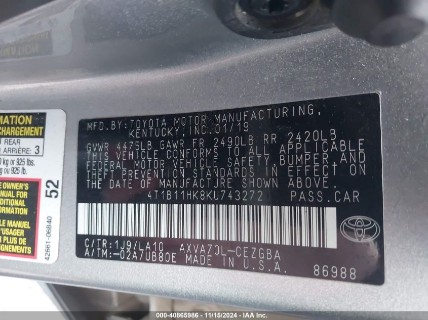2019 TOYOTA CAMRY XLE - 4T1B11HK8KU743272