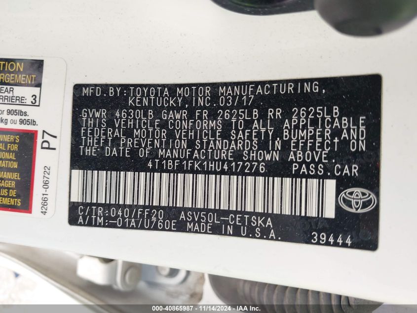 2017 TOYOTA CAMRY VIN: 4T1BF1FK1HU417276