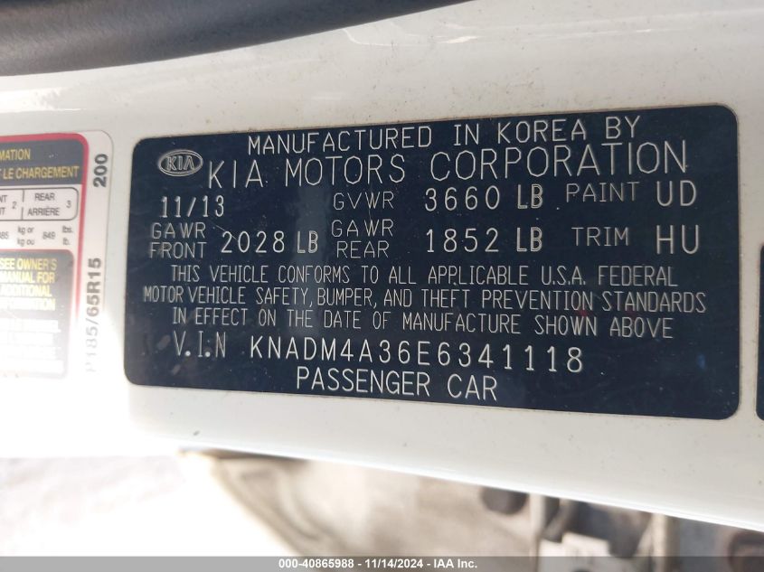 2014 Kia Rio Lx VIN: KNADM4A36E6341118 Lot: 40865988