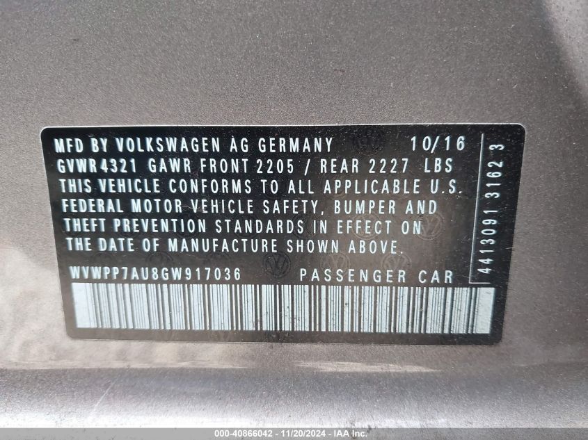 2016 VOLKSWAGEN E-GOLF SEL PREMIUM WVWPP7AU8GW917036