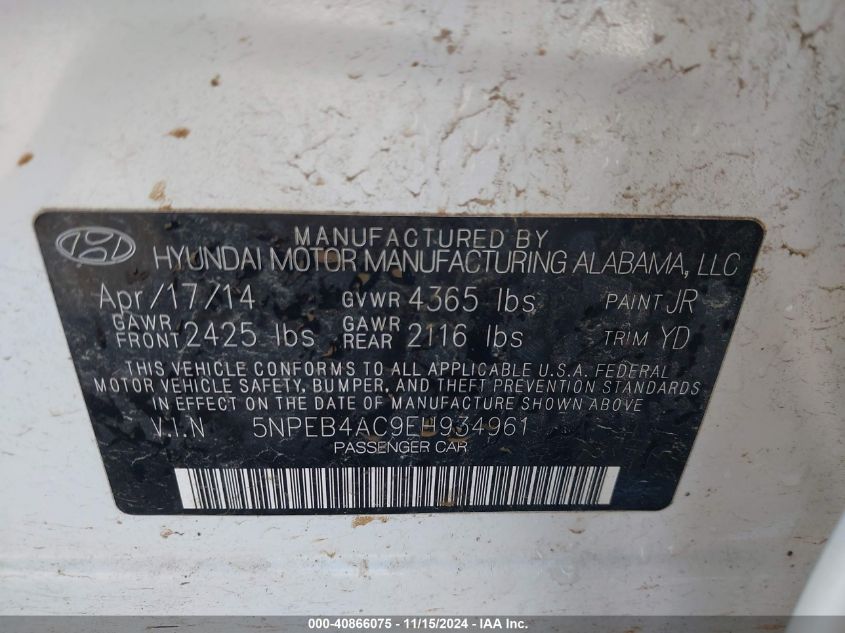 VIN 5NPEB4AC9EH934961 2014 HYUNDAI SONATA no.9