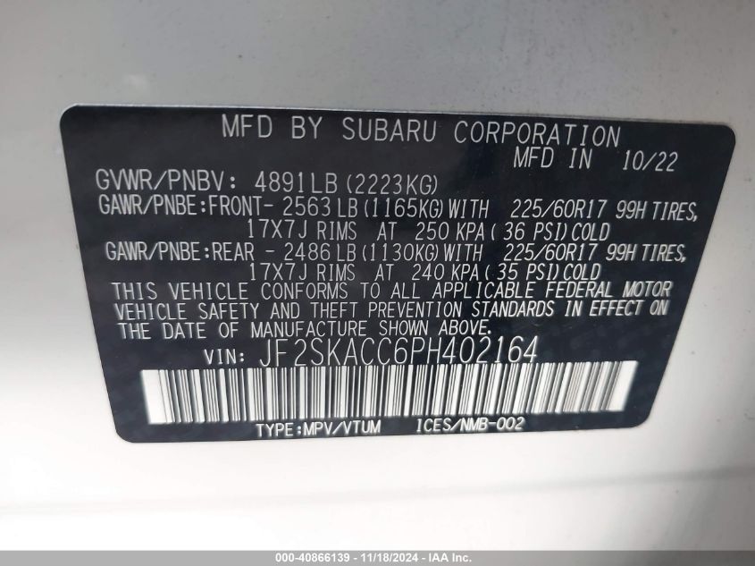 2023 SUBARU FORESTER VIN: JF2SKACC6PH402164