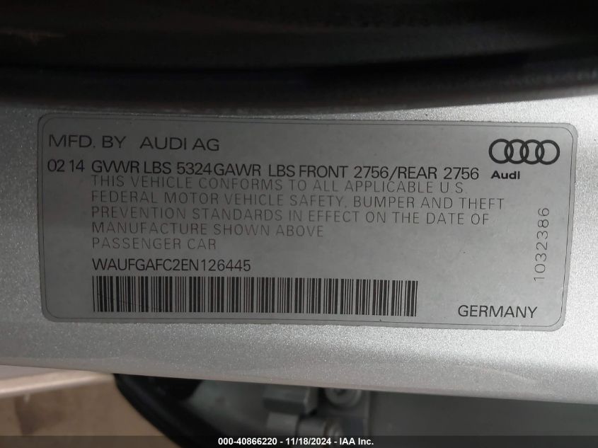 2014 Audi A6 3.0T Premium Plus VIN: WAUFGAFC2EN126445 Lot: 40866220