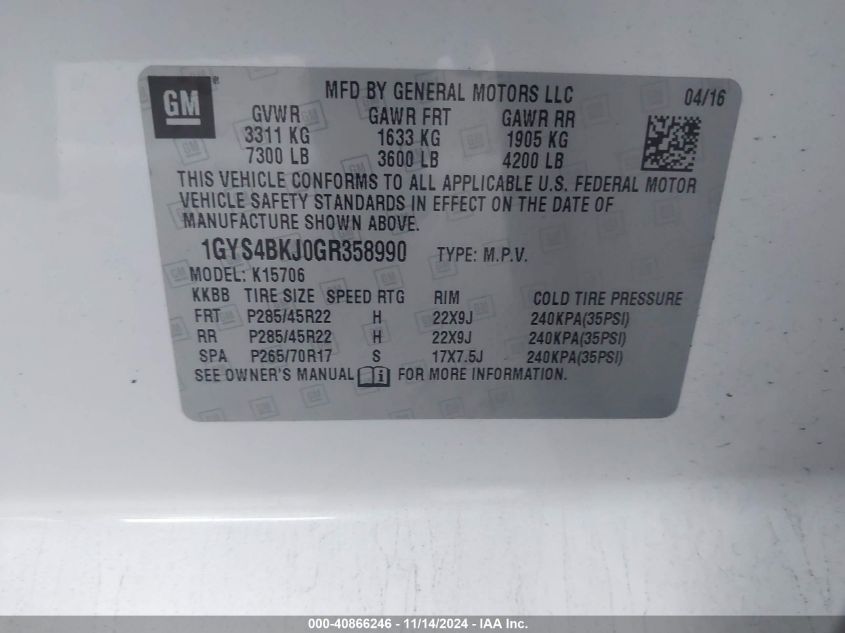 2016 CADILLAC ESCALADE VIN: 1GYS4BKJ0GR358990