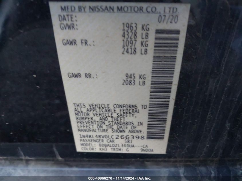 2020 Nissan Altima S Fwd VIN: 1N4BL4BV0LC266398 Lot: 40866270