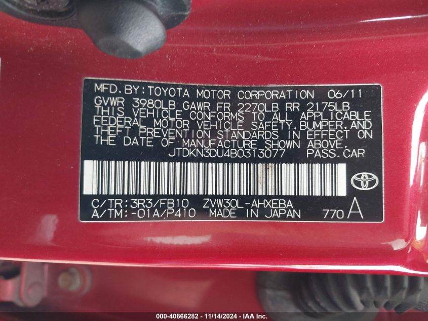 2011 TOYOTA PRIUS VIN: JTDKN3DU4B0313077