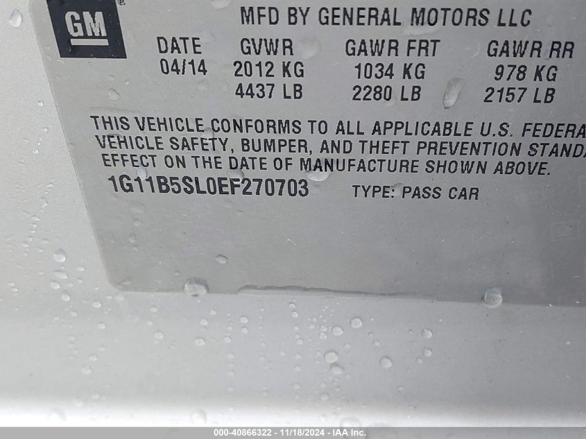 VIN 1G11B5SL0EF270703 2014 Chevrolet Malibu, 1LS no.9