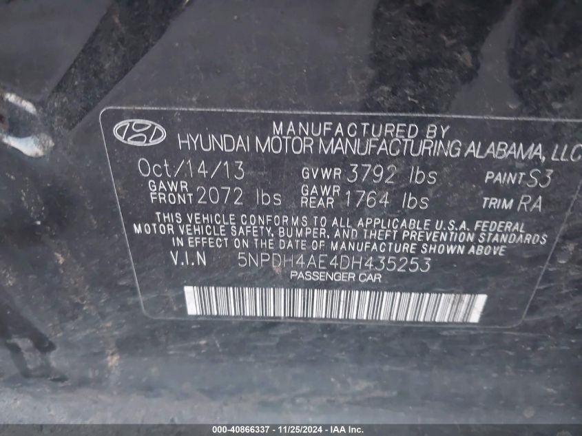 VIN 5NPDH4AE4DH435253 2013 Hyundai Elantra, Gls no.9