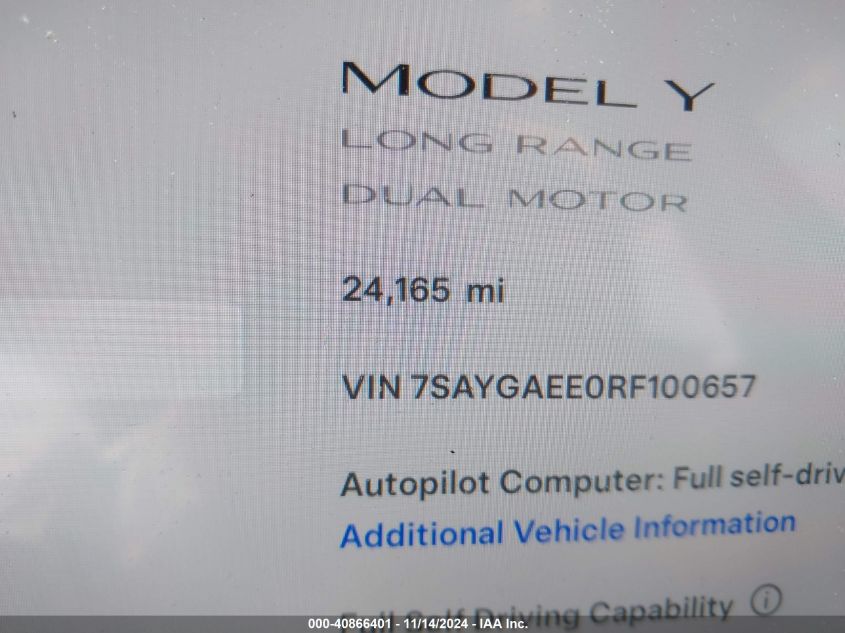 2024 Tesla Model Y Long Range Dual Motor All-Wheel Drive VIN: 7SAYGAEE0RF100657 Lot: 40866401