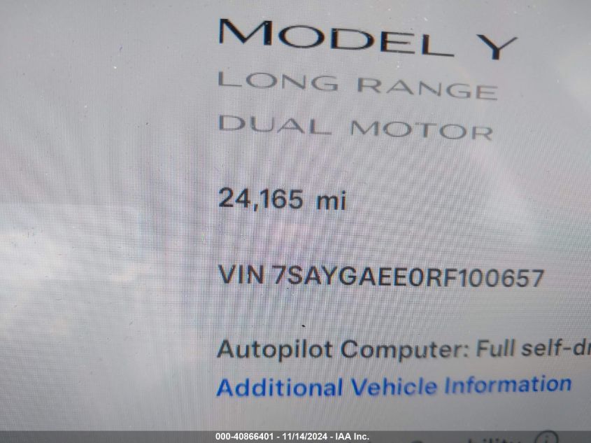 2024 Tesla Model Y Long Range Dual Motor All-Wheel Drive VIN: 7SAYGAEE0RF100657 Lot: 40866401