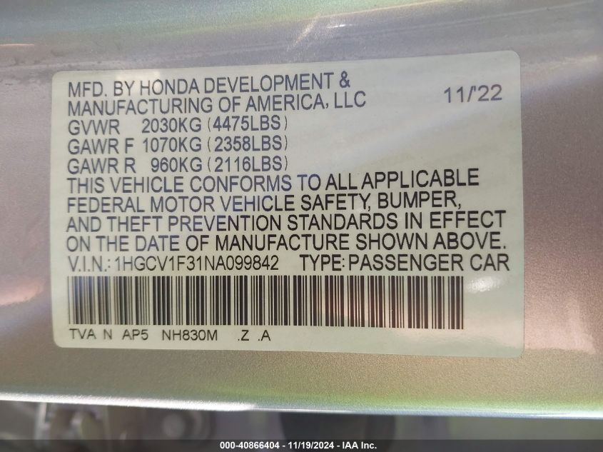 2022 Honda Accord Sport VIN: 1HGCV1F31NA099842 Lot: 40866404