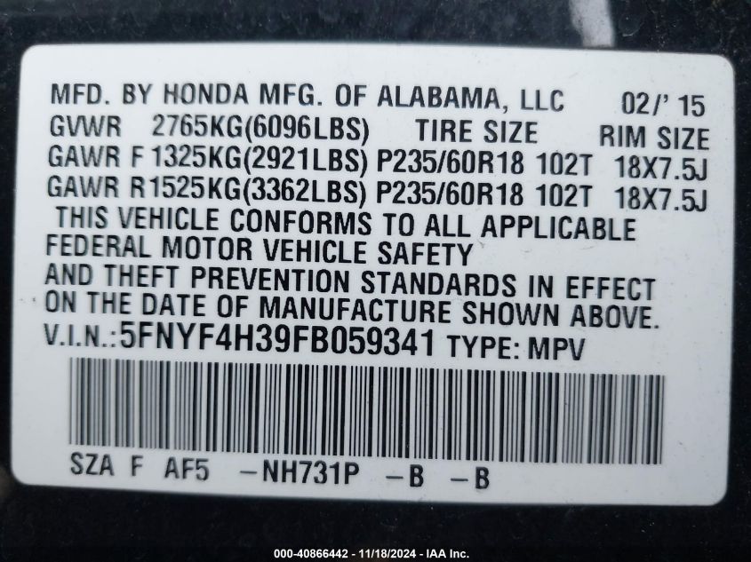 2015 Honda Pilot Se VIN: 5FNYF4H39FB059341 Lot: 40866442