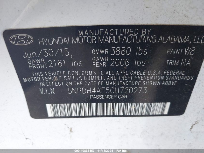 2016 Hyundai Elantra Se VIN: 5NPDH4AE5GH720273 Lot: 40866457