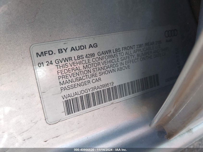 2024 Audi A3 Premium 40 Tfsi Front-Wheel Drive S Tronic VIN: WAUAUDGY3RA099512 Lot: 40866520