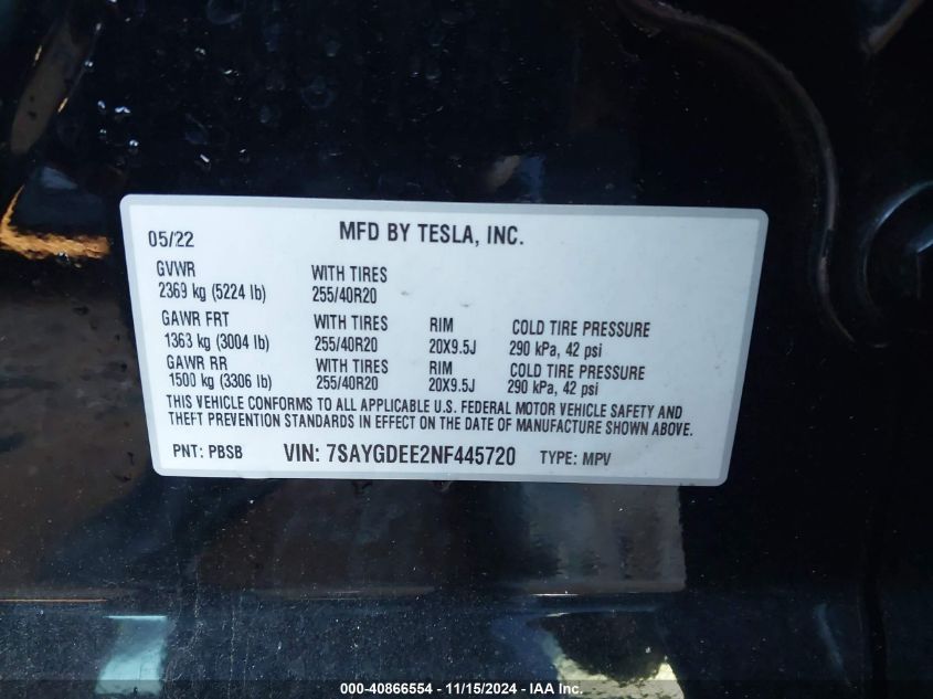 2022 Tesla Model Y Long Range Dual Motor All-Wheel Drive VIN: 7SAYGDEE2NF445720 Lot: 40866554