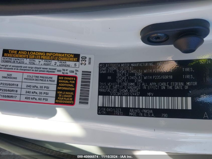 2024 Toyota Sienna Xse VIN: 5TDCSKFC8RS124497 Lot: 40866574