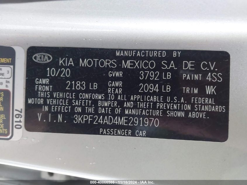 2021 Kia Forte Lxs VIN: 3KPF24AD4ME291970 Lot: 40866585