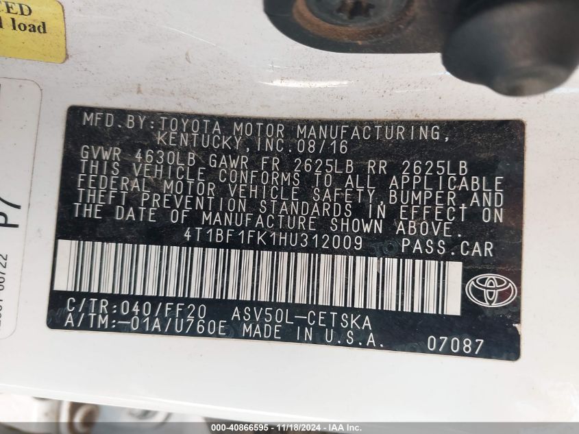 VIN 4T1BF1FK1HU312009 2017 Toyota Camry, SE no.9