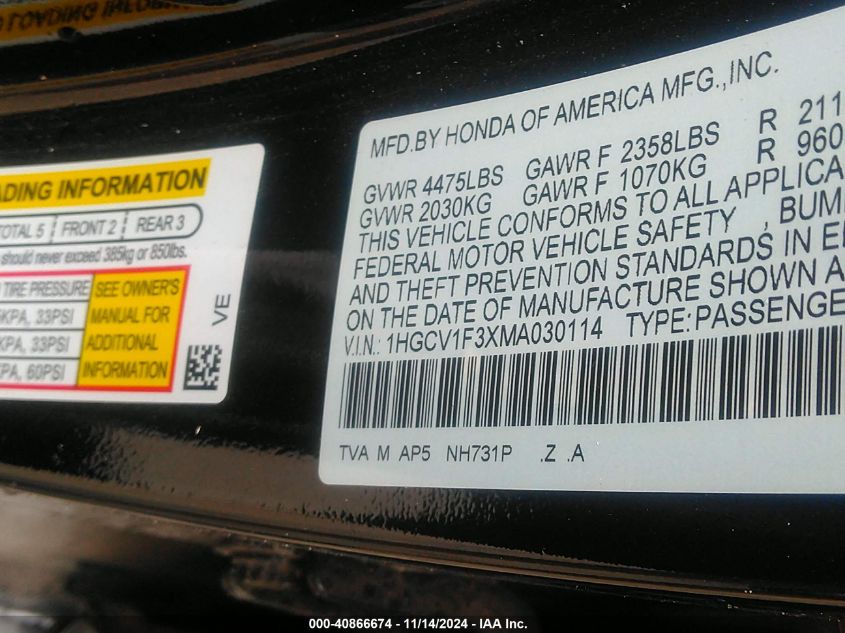 2021 Honda Accord Sport VIN: 1HGCV1F3XMA030114 Lot: 40866674