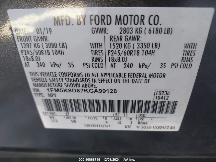 VIN 1FM5K8D87KGA99128 2019 Ford Explorer, Xlt no.9