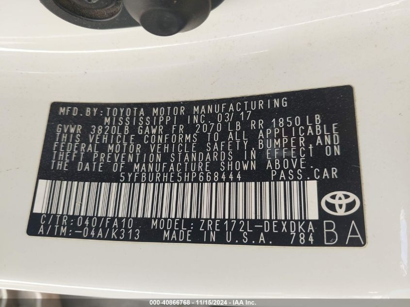 2017 TOYOTA COROLLA VIN: 5YFBURHE5HP668444