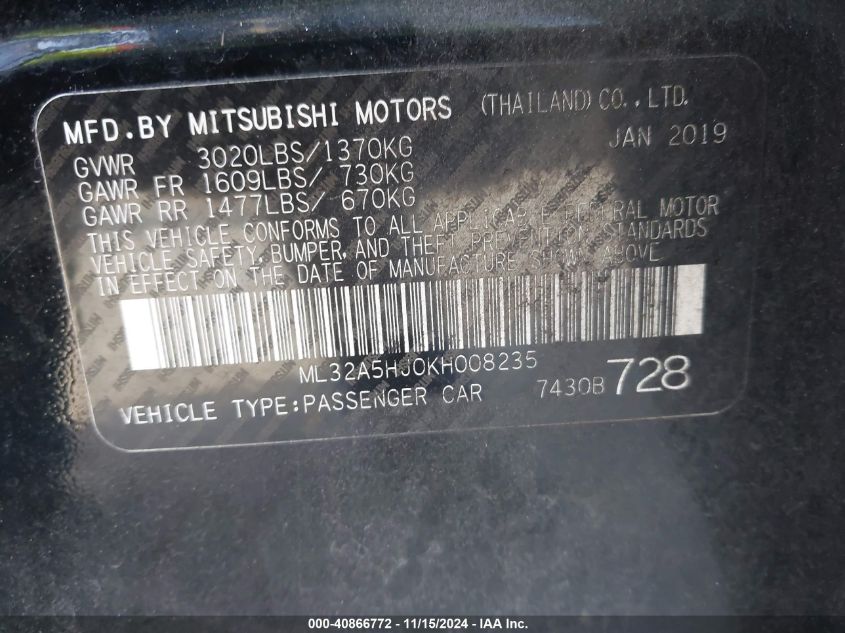 2019 Mitsubishi Mirage Le VIN: ML32A5HJ0KH008235 Lot: 40866772