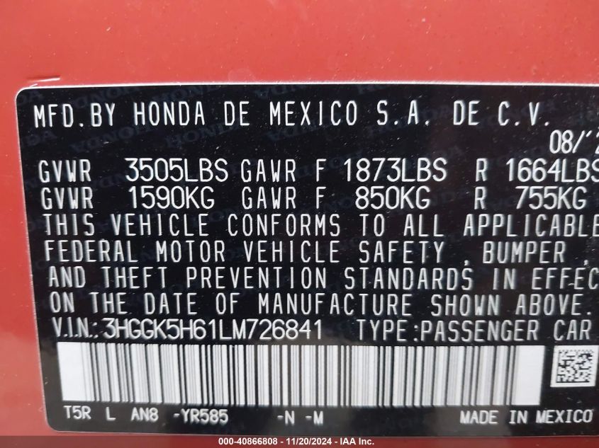 2020 Honda Fit Sport VIN: 3HGGK5H61LM726841 Lot: 40866808