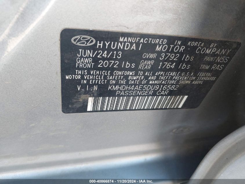 2013 Hyundai Elantra Gls VIN: KMHDH4AE5DU916582 Lot: 40866874