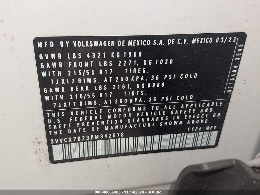 2023 Volkswagen Taos 1.5T S VIN: 3VVCX7B23PM342678 Lot: 40866983