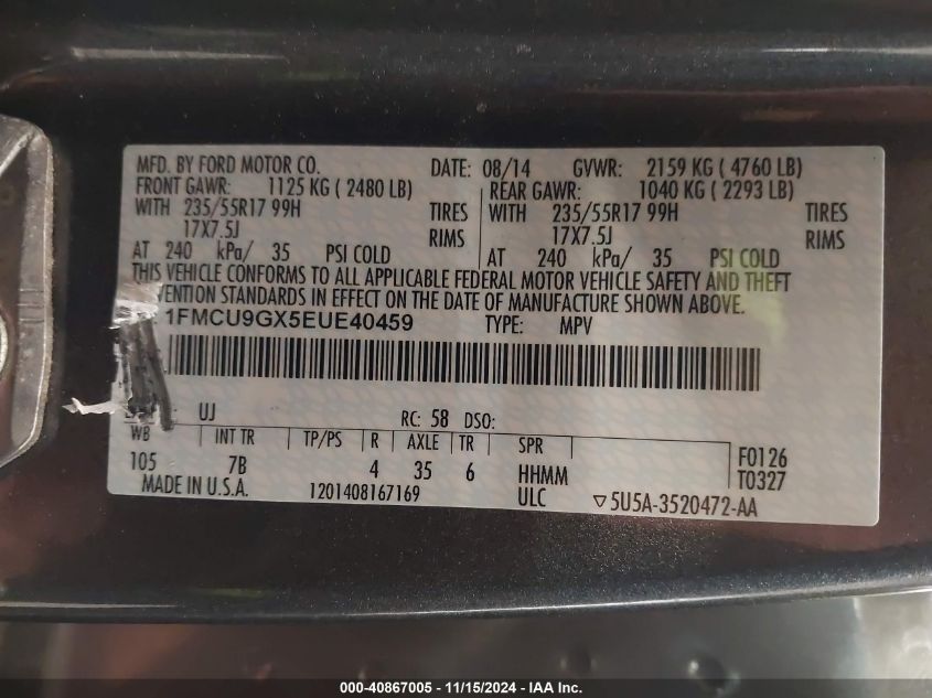 VIN 1FMCU9GX5EUE40459 2014 FORD ESCAPE no.9