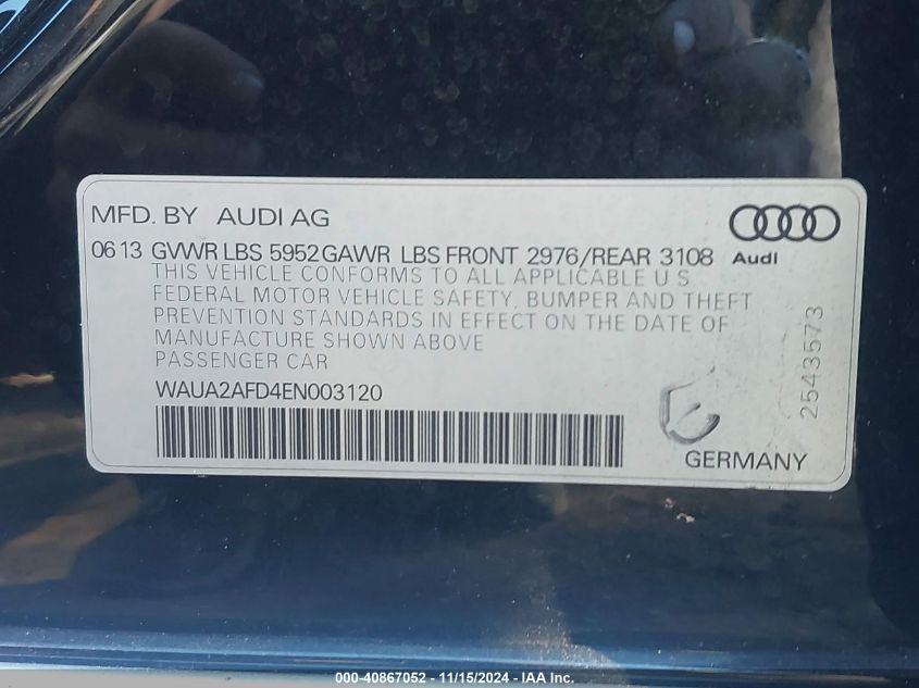 2014 Audi A8 4.0T VIN: WAUA2AFD4EN003120 Lot: 40867052