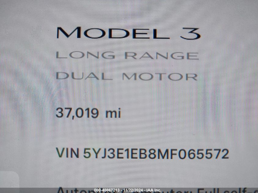 2021 Tesla Model 3 Long Range Dual Motor All-Wheel Drive VIN: 5YJ3E1EB8MF065572 Lot: 40867213