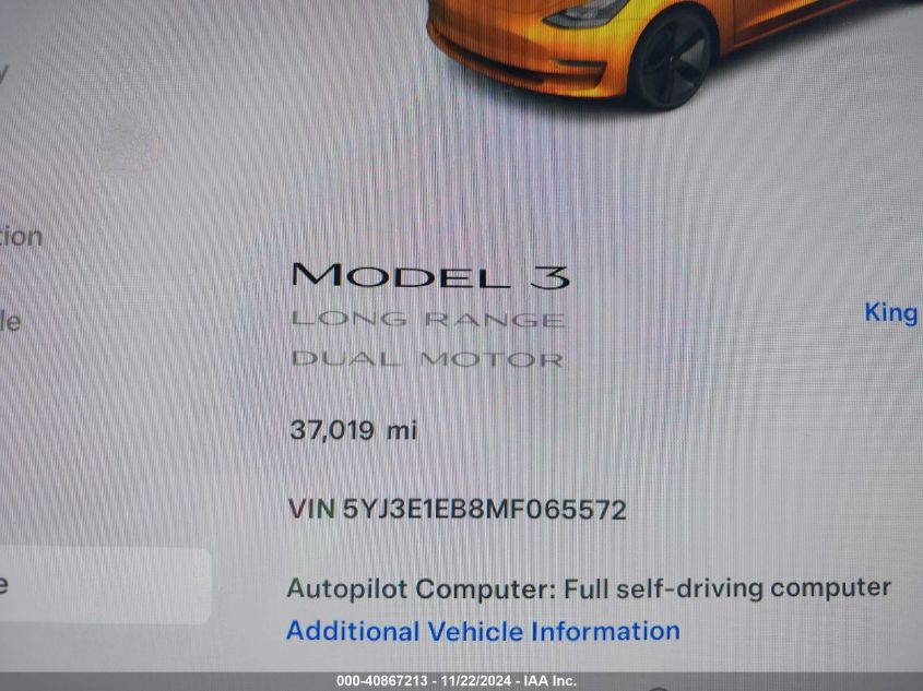 2021 Tesla Model 3 Long Range Dual Motor All-Wheel Drive VIN: 5YJ3E1EB8MF065572 Lot: 40867213