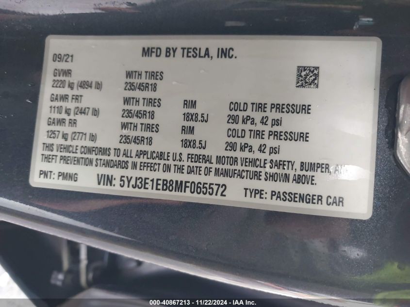 2021 Tesla Model 3 Long Range Dual Motor All-Wheel Drive VIN: 5YJ3E1EB8MF065572 Lot: 40867213