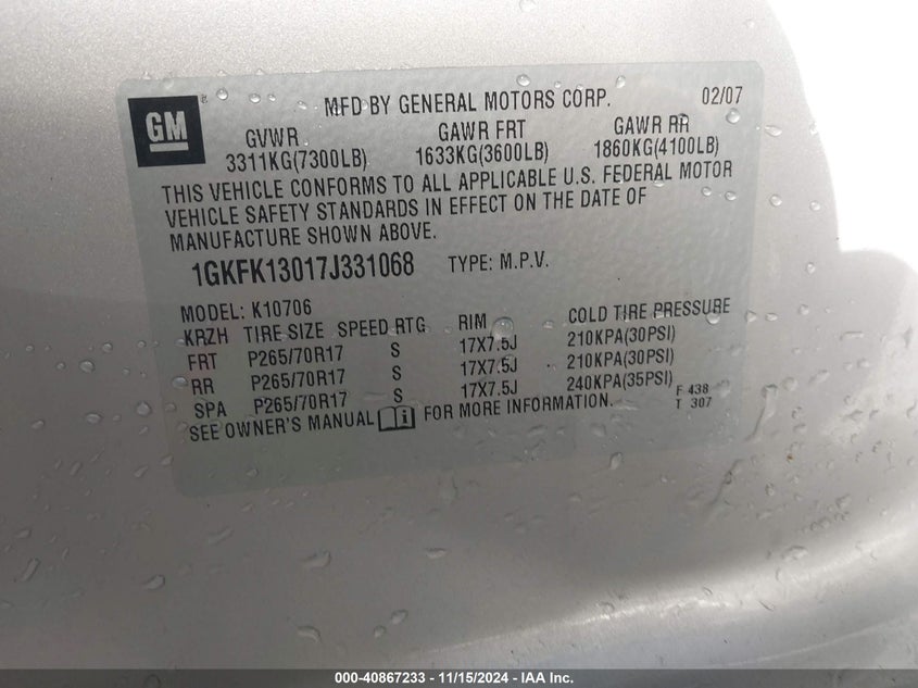 2007 GMC YUKON VIN: 1GKFK13017J331068
