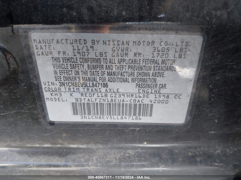 2020 NISSAN VERSA VIN: 3N1CN8EV5LL847186