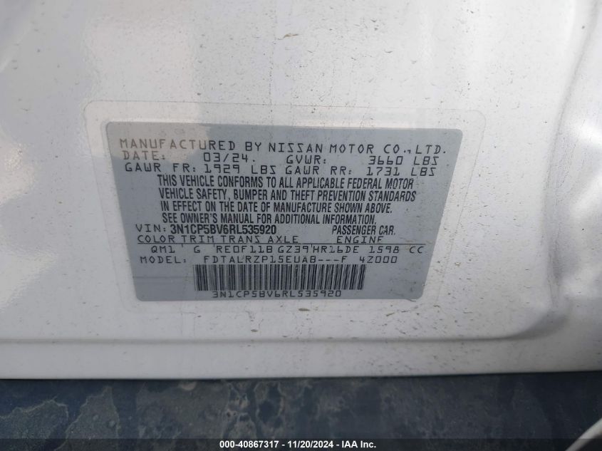 2024 Nissan Kicks S Xtronic Cvt VIN: 3N1CP5BV6RL535920 Lot: 40867317